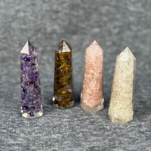 Set of 4 Crystal Wands Orgone Towers Amethyst Tiger's Eye Rose Quartz Healing
